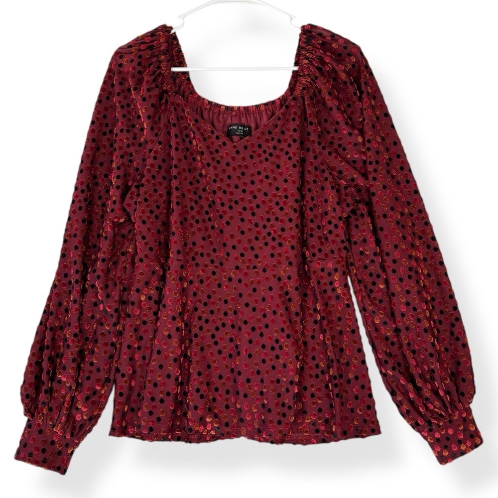 Lane Bryant Babydoll Top Womens 14/16 Velvet Polka Dot Long Balloon Sleeve